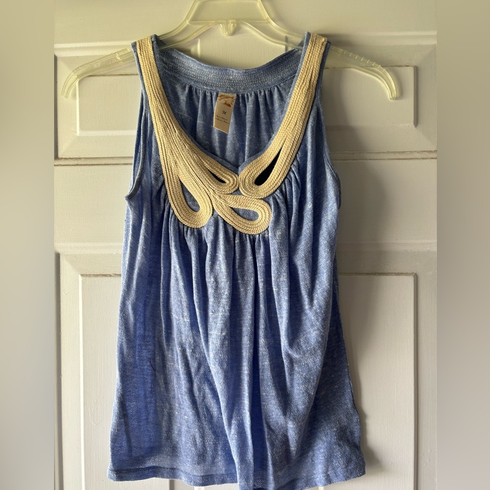 Anthropologie Blue and Cream Ruched Tank Top in Medium
